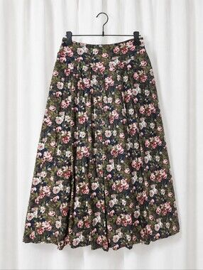 Vintage Herman Geist Rose Floral Corduroy Pleated A-line Cottagecore Midi Skirt